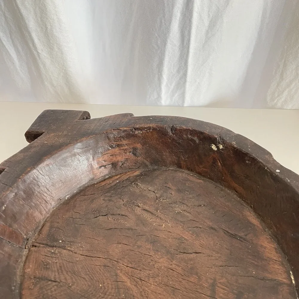 Vtg Wood Dough Bowl Rustic Hand Carved Primitive Wooden Handled Trough Knead 17